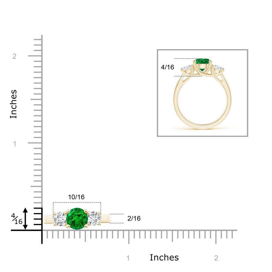 7mm AAAA Classic Round Emerald and Diamond Three Stone Ring in Yellow Gold ruler