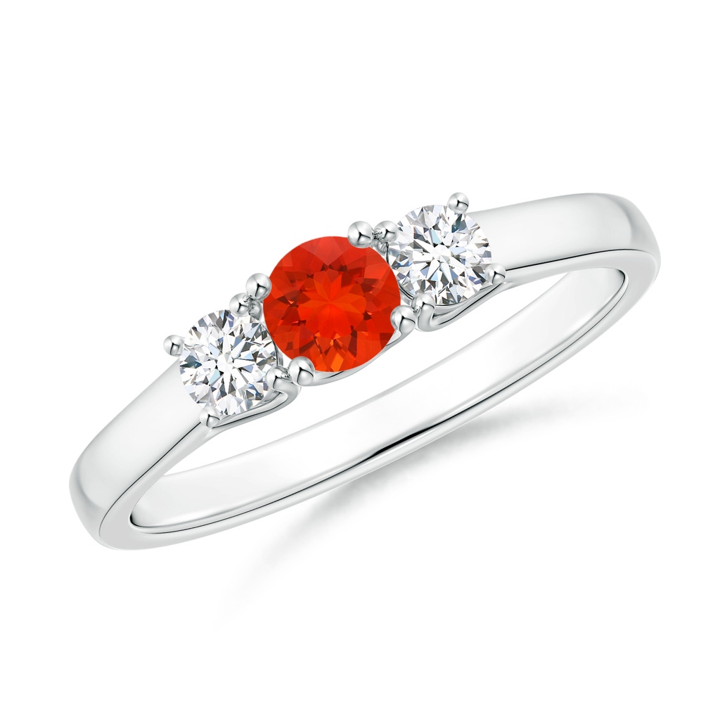 4mm AAAA Classic Round Fire Opal and Diamond Three Stone Ring in P950 Platinum