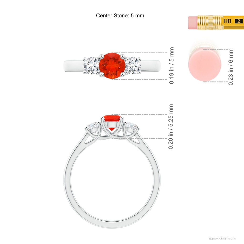 5mm AAAA Classic Round Fire Opal and Diamond Three Stone Ring in White Gold Ruler