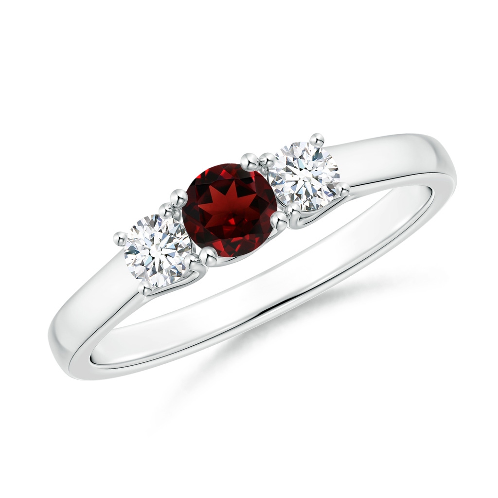 4mm AAA Classic Round Garnet and Diamond Three Stone Ring in White Gold