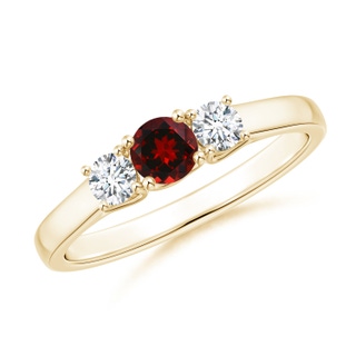 4mm AAAA Classic Round Garnet and Diamond Three Stone Ring in Yellow Gold