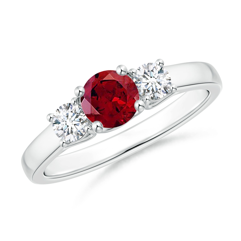 5mm AAAA Classic Round Garnet and Diamond Three Stone Ring in 9K White Gold 