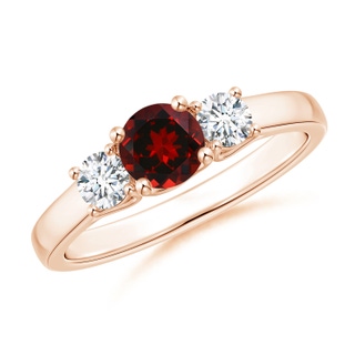 5mm AAAA Classic Round Garnet and Diamond Three Stone Ring in Rose Gold