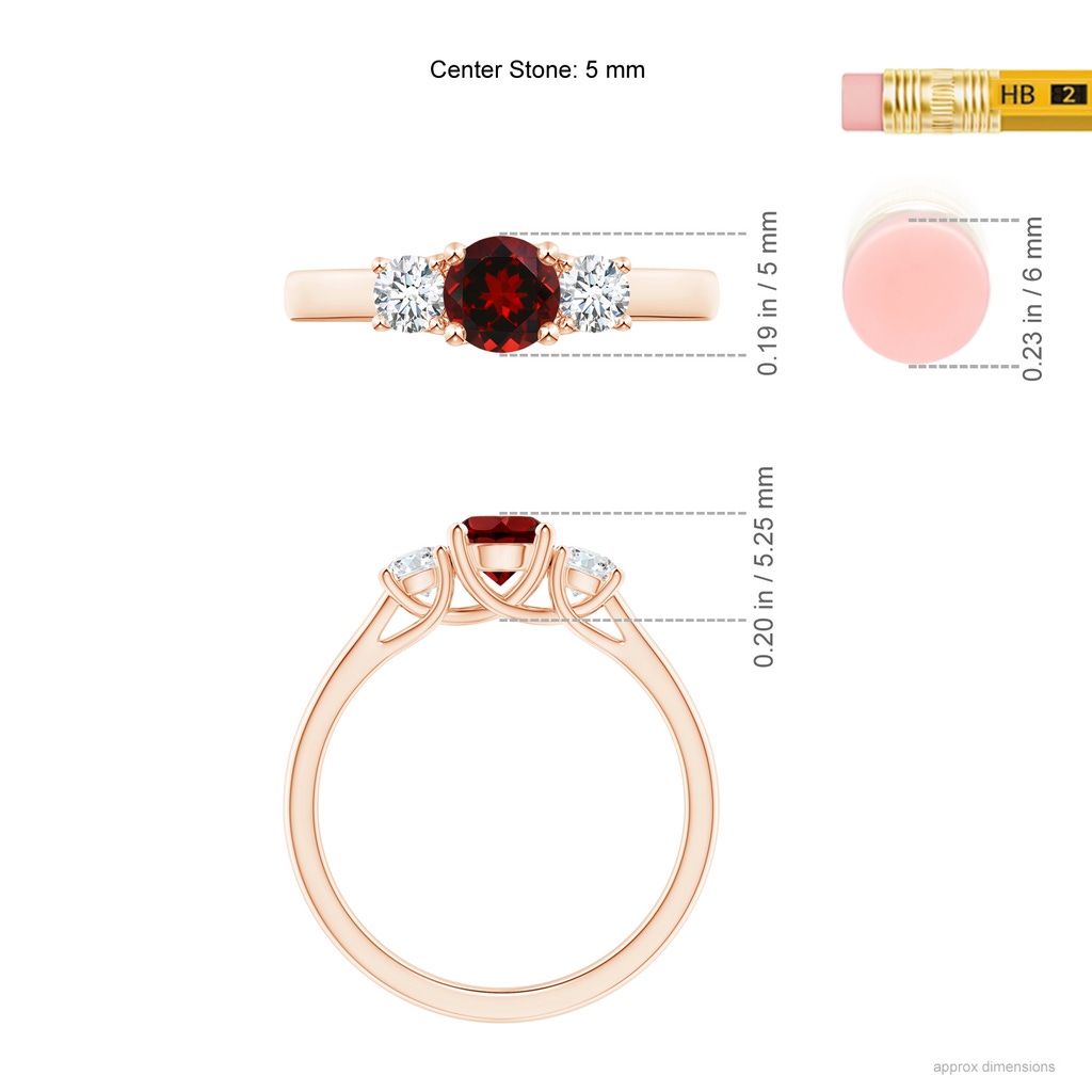 5mm AAAA Classic Round Garnet and Diamond Three Stone Ring in Rose Gold Ruler