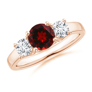 6mm AAAA Classic Round Garnet and Diamond Three Stone Ring in Rose Gold