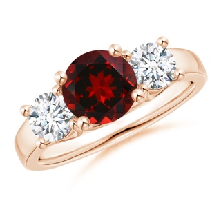 7mm AAAA Classic Round Garnet and Diamond Three Stone Ring in Rose Gold