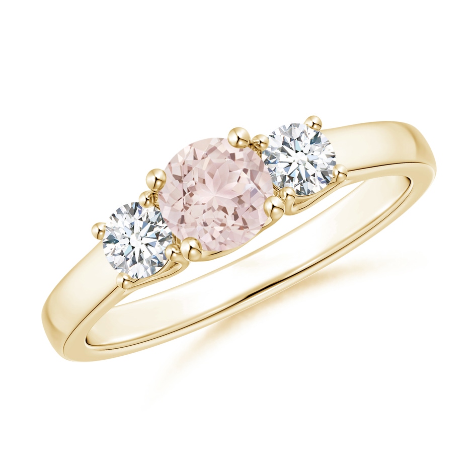 5mm A Classic Round Morganite Three Stone Ring in Yellow Gold 