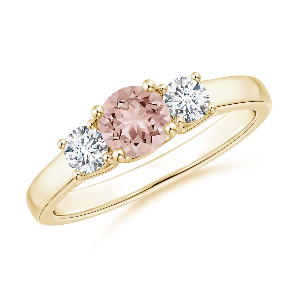 5mm AAAA Classic Round Morganite Three Stone Ring in Yellow Gold