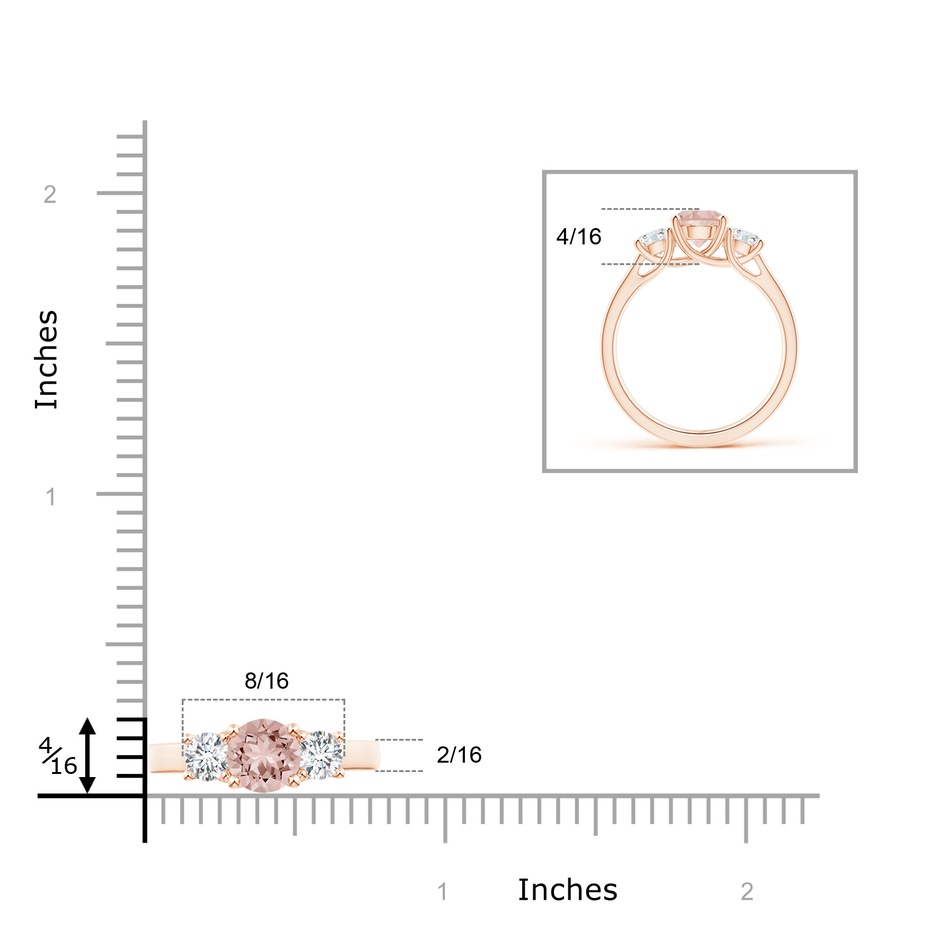 6mm AAAA Classic Round Morganite Three Stone Ring in Rose Gold Ruler
