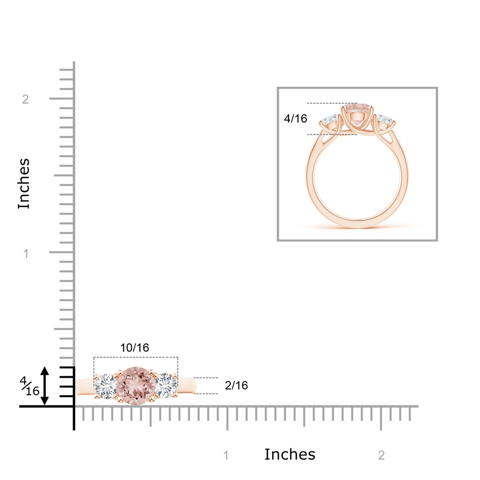 7mm AAAA Classic Round Morganite Three Stone Ring in Rose Gold ruler