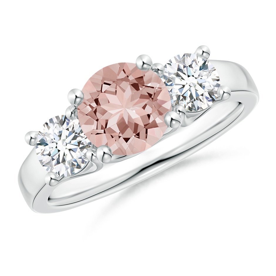 7mm AAAA Classic Round Morganite Three Stone Ring in White Gold 