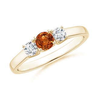 4mm AAAA Classic Round Orange Sapphire and Diamond Three Stone Ring in Yellow Gold