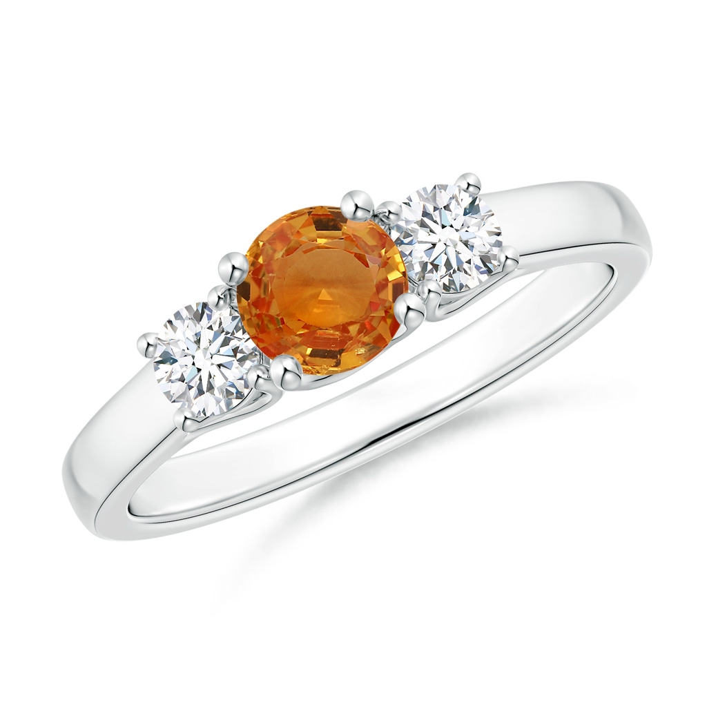 5mm AAA Classic Round Orange Sapphire and Diamond Three Stone Ring in White Gold