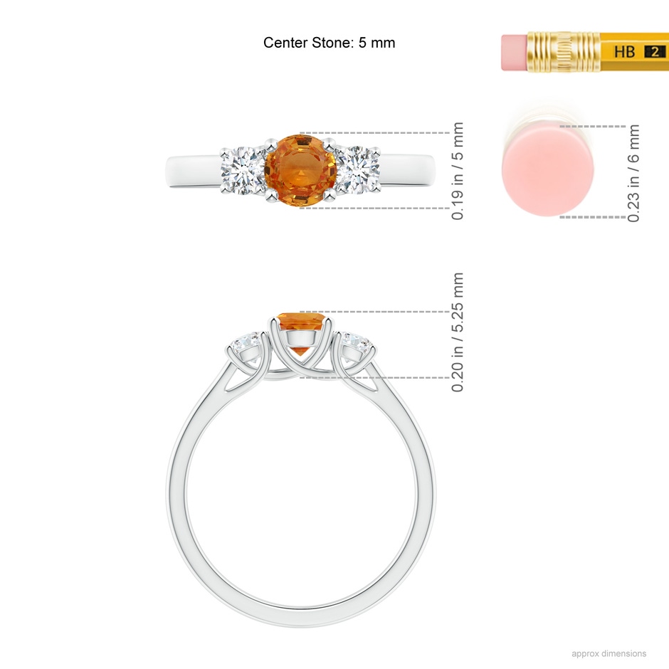 5mm AAA Classic Round Orange Sapphire and Diamond Three Stone Ring in White Gold ruler