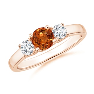 5mm AAAA Classic Round Orange Sapphire and Diamond Three Stone Ring in Rose Gold