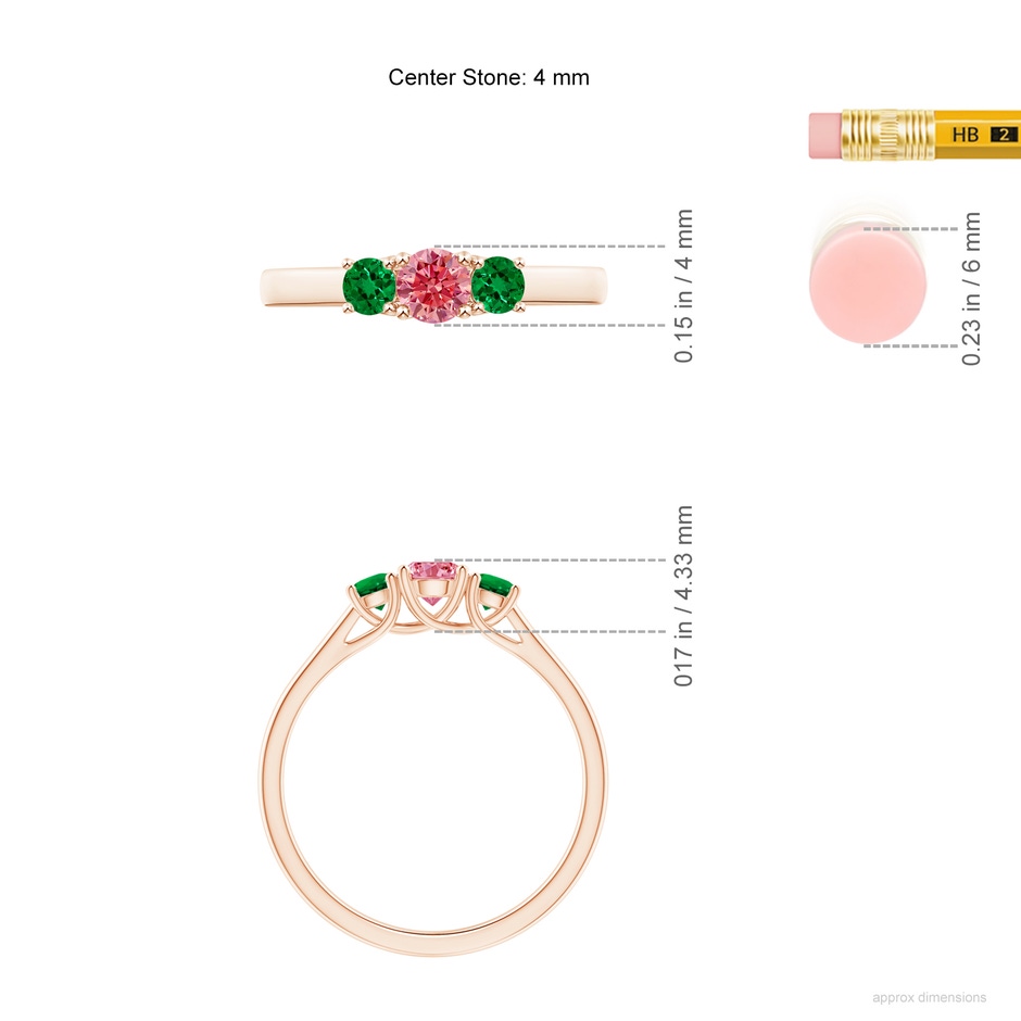4mm AAAA Classic Round Fancy Intense Pink Diamond Three Stone Ring in Rose Gold ruler
