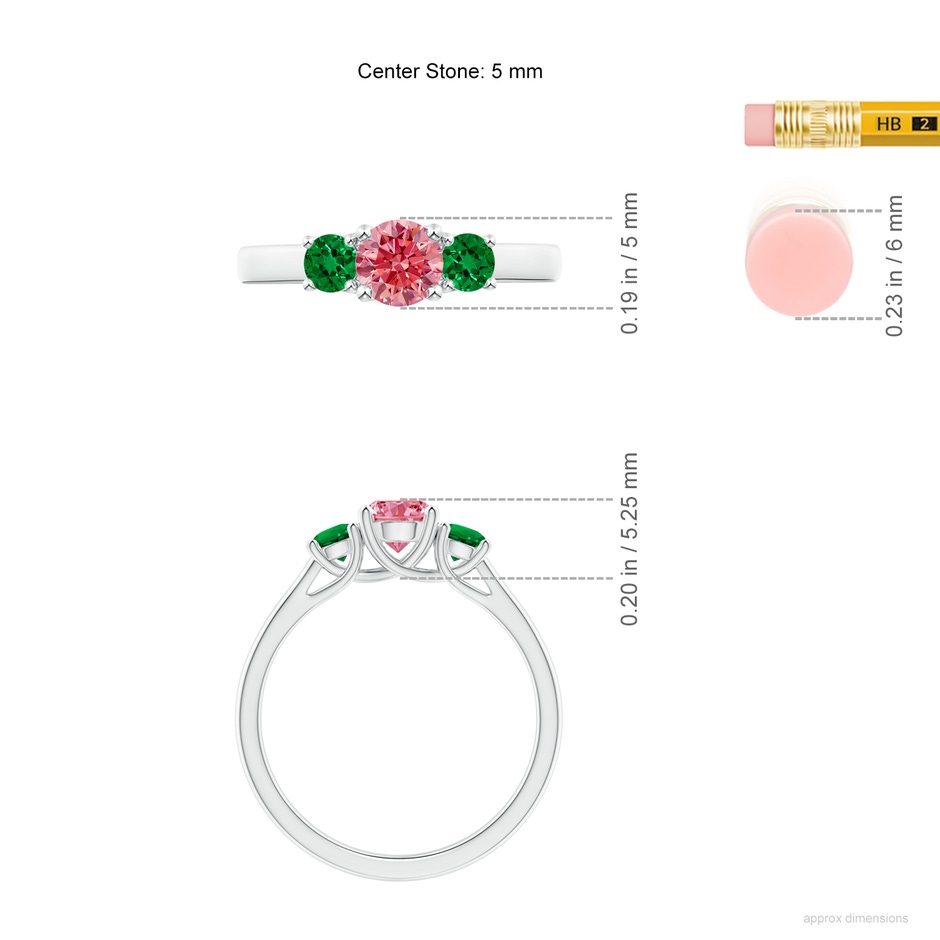 5mm AAAA Classic Round Fancy Intense Pink Diamond Three Stone Ring in P950 Platinum ruler
