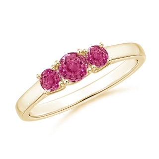 4mm AAAA Classic Round Pink Sapphire Three Stone Ring in Yellow Gold