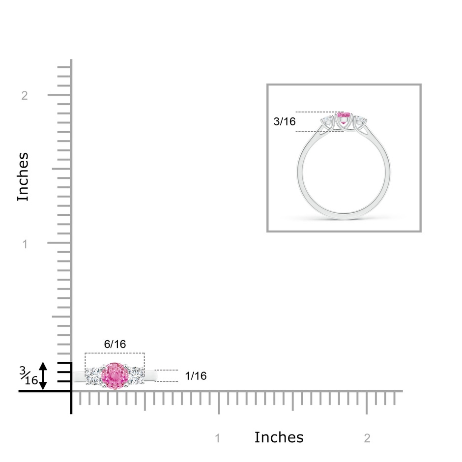 4mm AA Classic Round Pink Sapphire and Diamond Three Stone Ring in White Gold ruler