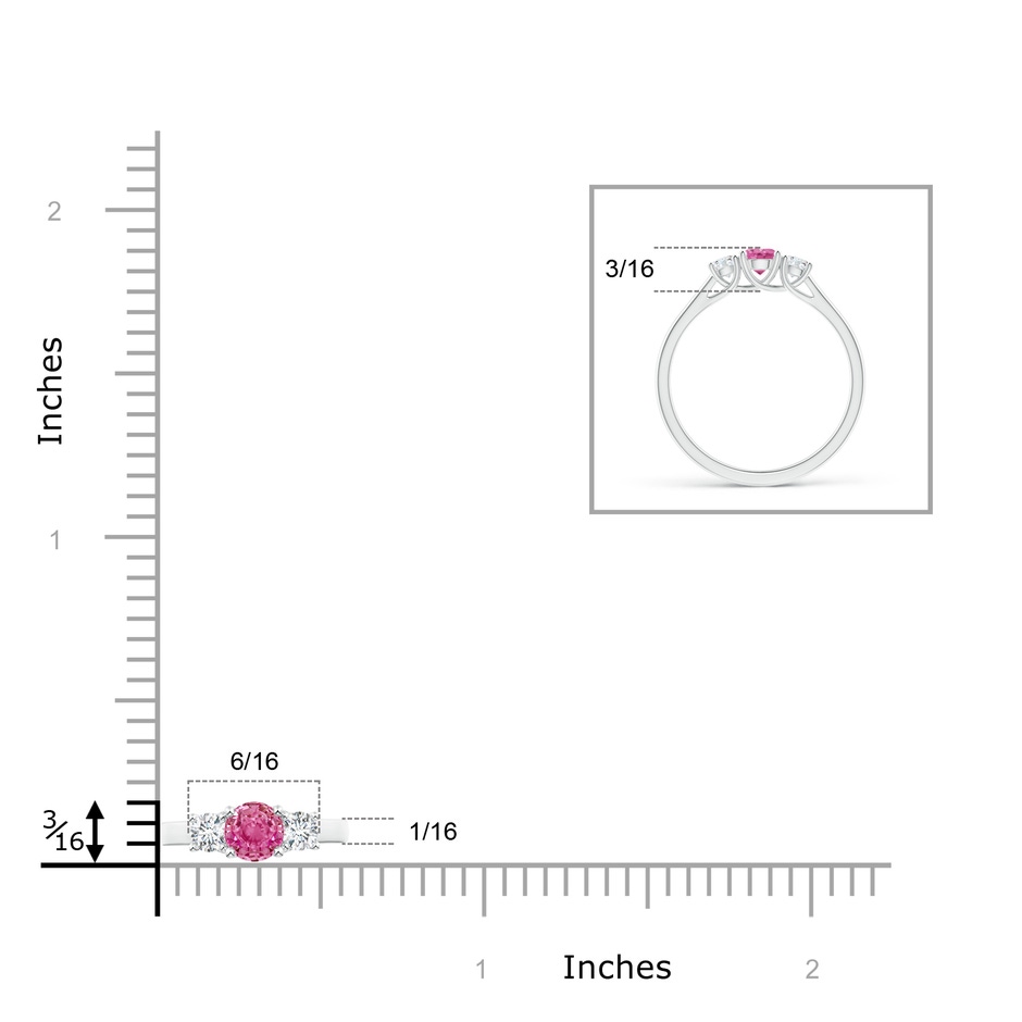 4mm AAA Classic Round Pink Sapphire and Diamond Three Stone Ring in White Gold ruler