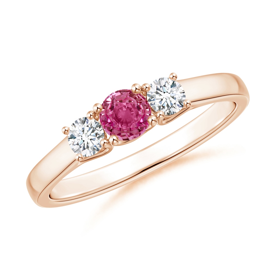 4mm AAAA Classic Round Pink Sapphire and Diamond Three Stone Ring in Rose Gold 