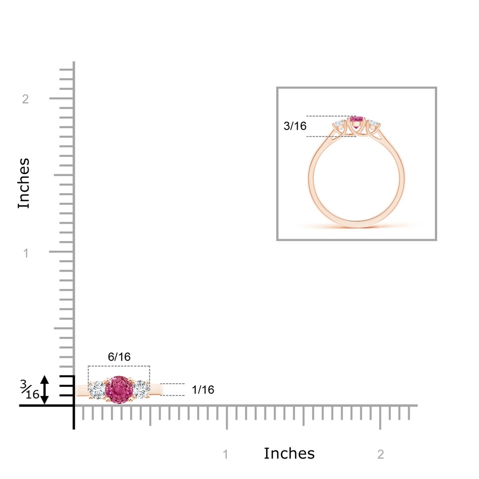 4mm AAAA Classic Round Pink Sapphire and Diamond Three Stone Ring in Rose Gold ruler