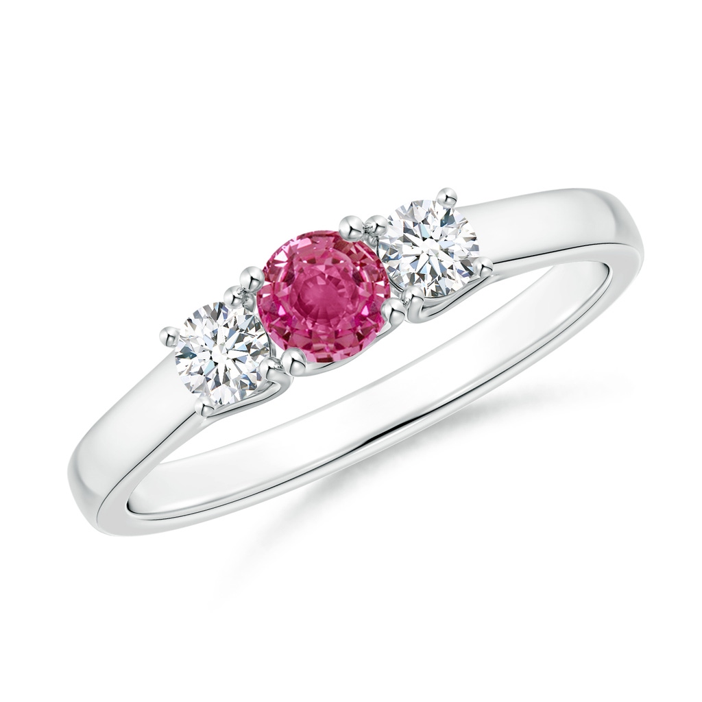 4mm AAAA Classic Round Pink Sapphire and Diamond Three Stone Ring in S999 Silver