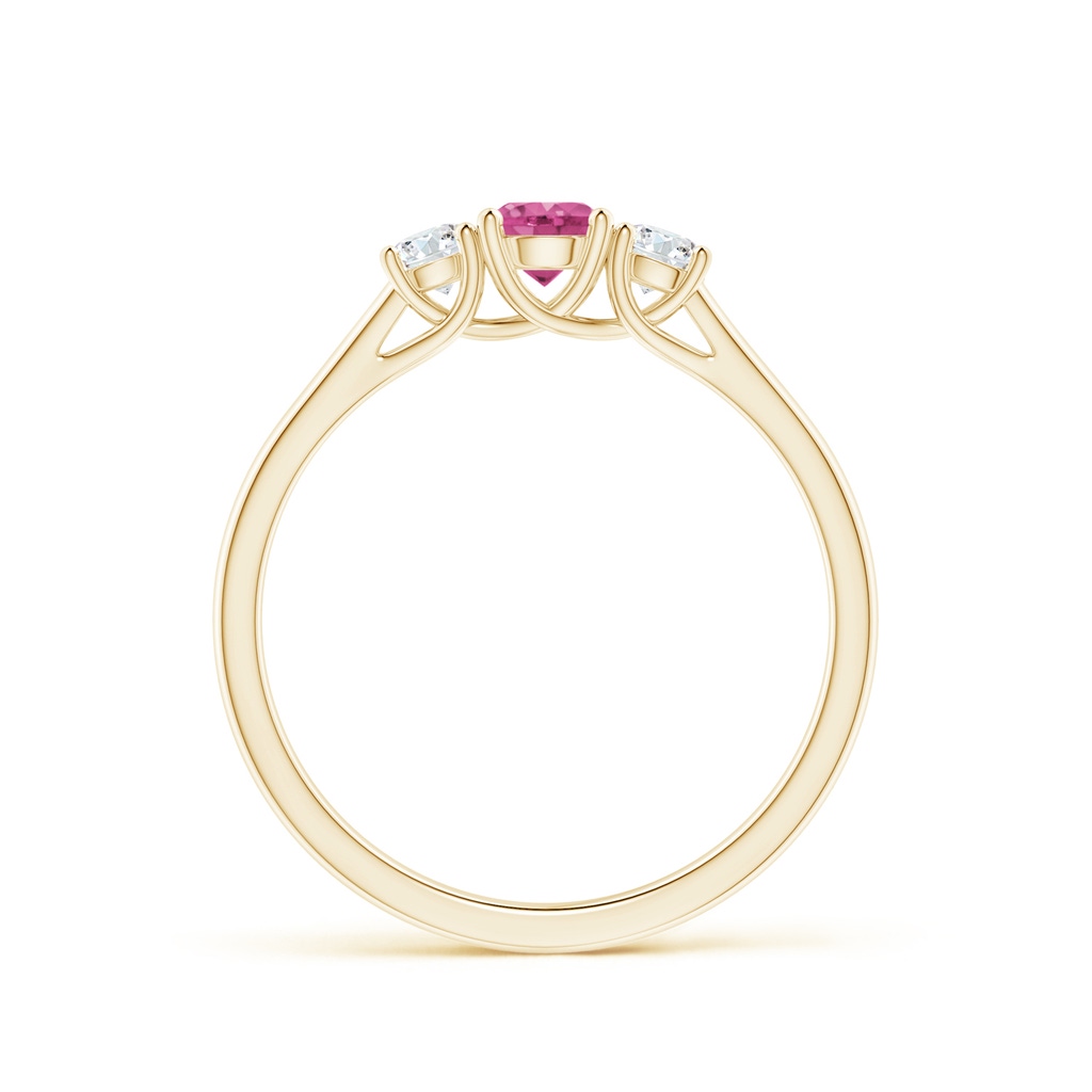 4mm AAAA Classic Round Pink Sapphire and Diamond Three Stone Ring in Yellow Gold - side 1
