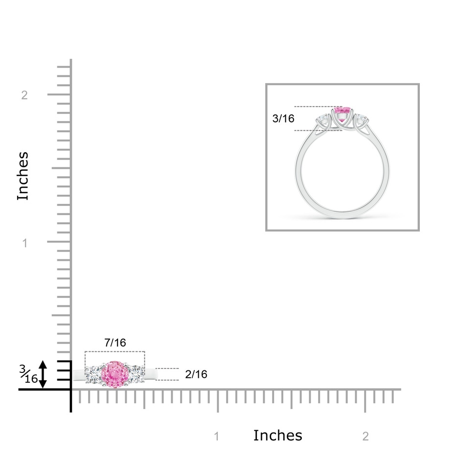 5mm A Classic Round Pink Sapphire and Diamond Three Stone Ring in P950 Platinum ruler