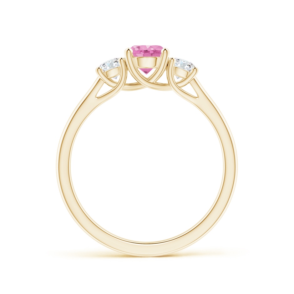 5mm A Classic Round Pink Sapphire and Diamond Three Stone Ring in Yellow Gold side 1