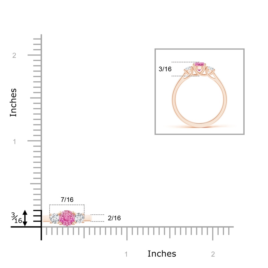 5mm AA Classic Round Pink Sapphire and Diamond Three Stone Ring in Rose Gold ruler