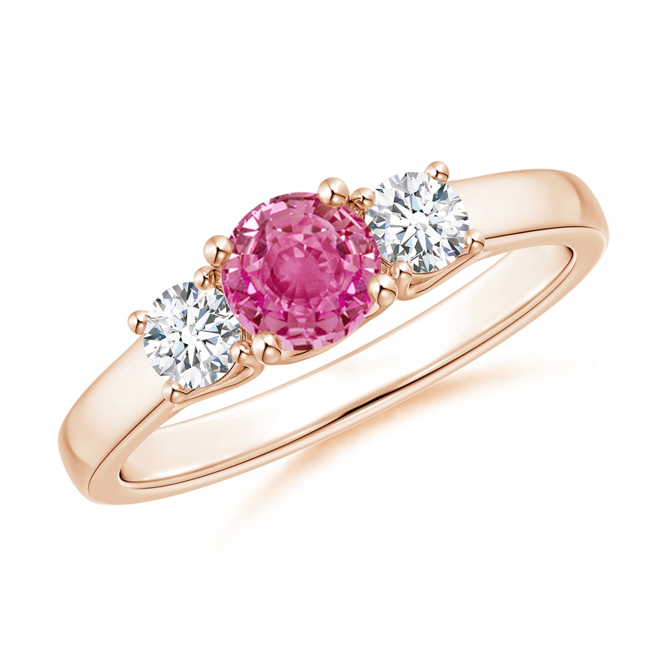 5mm AAA Classic Round Pink Sapphire and Diamond Three Stone Ring in Rose Gold 