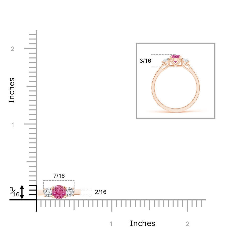 5mm AAA Classic Round Pink Sapphire and Diamond Three Stone Ring in Rose Gold ruler