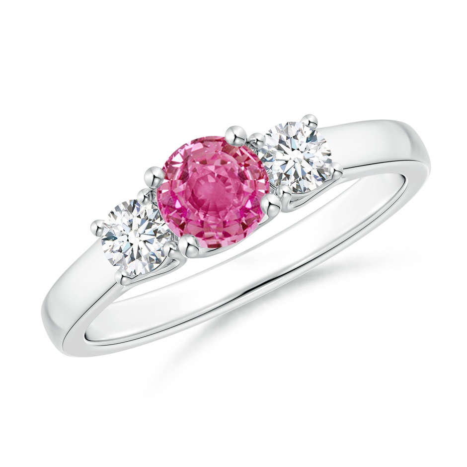 5mm AAA Classic Round Pink Sapphire and Diamond Three Stone Ring in White Gold 
