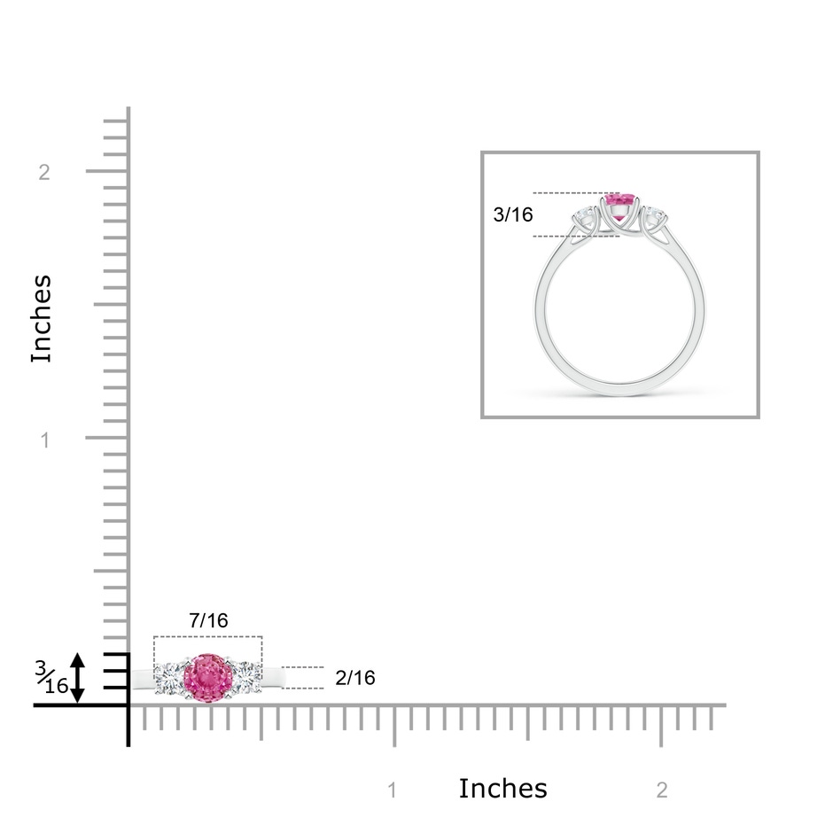 5mm AAA Classic Round Pink Sapphire and Diamond Three Stone Ring in White Gold ruler