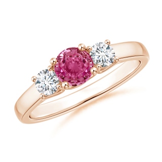 5mm AAAA Classic Round Pink Sapphire and Diamond Three Stone Ring in Rose Gold