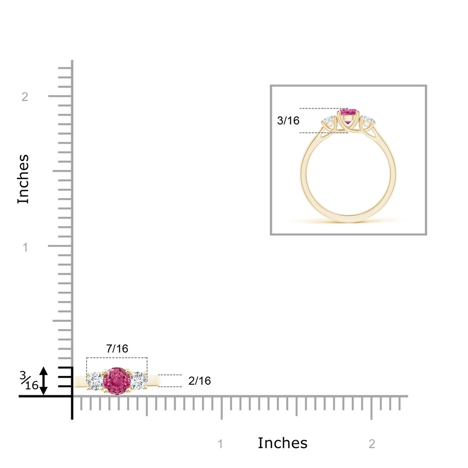 5mm AAAA Classic Round Pink Sapphire and Diamond Three Stone Ring in Yellow Gold ruler