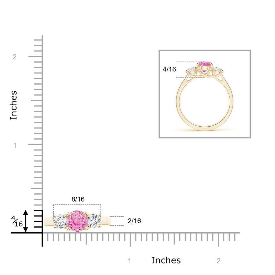 6mm A Classic Round Pink Sapphire and Diamond Three Stone Ring in Yellow Gold ruler
