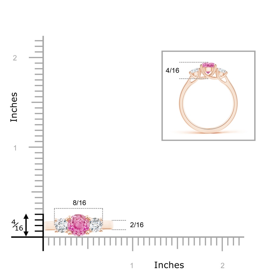 6mm AA Classic Round Pink Sapphire and Diamond Three Stone Ring in Rose Gold ruler