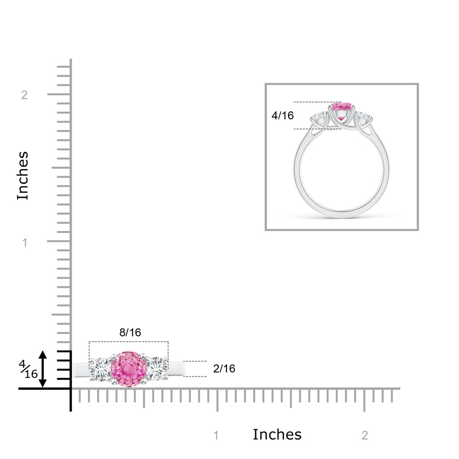 6mm AA Classic Round Pink Sapphire and Diamond Three Stone Ring in White Gold ruler