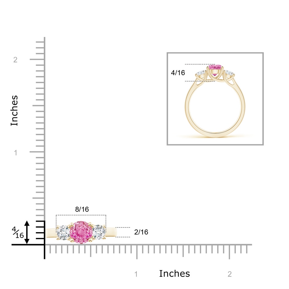 6mm AA Classic Round Pink Sapphire and Diamond Three Stone Ring in Yellow Gold ruler