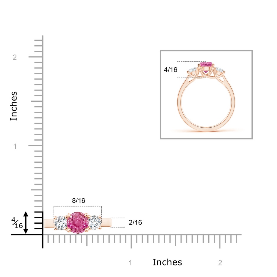 6mm AAA Classic Round Pink Sapphire and Diamond Three Stone Ring in Rose Gold ruler