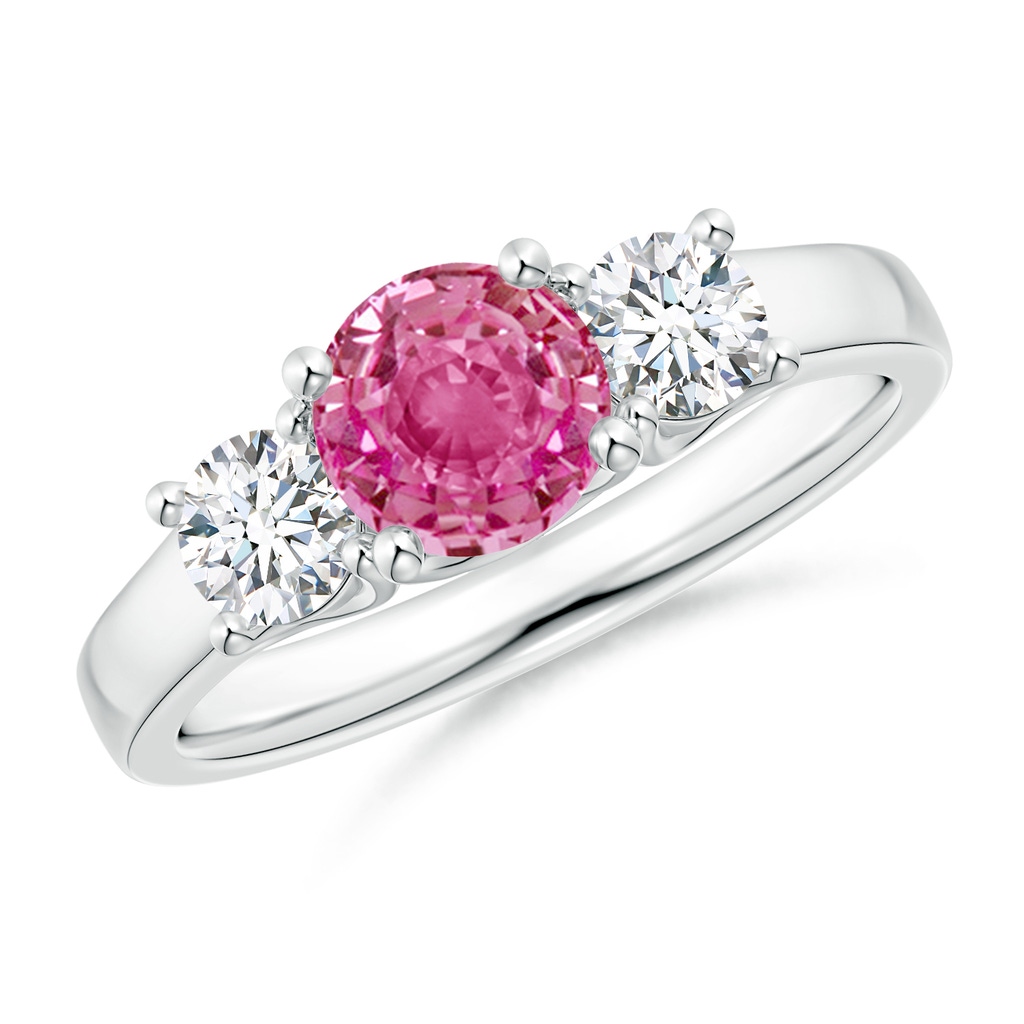 6mm AAA Classic Round Pink Sapphire and Diamond Three Stone Ring in White Gold
