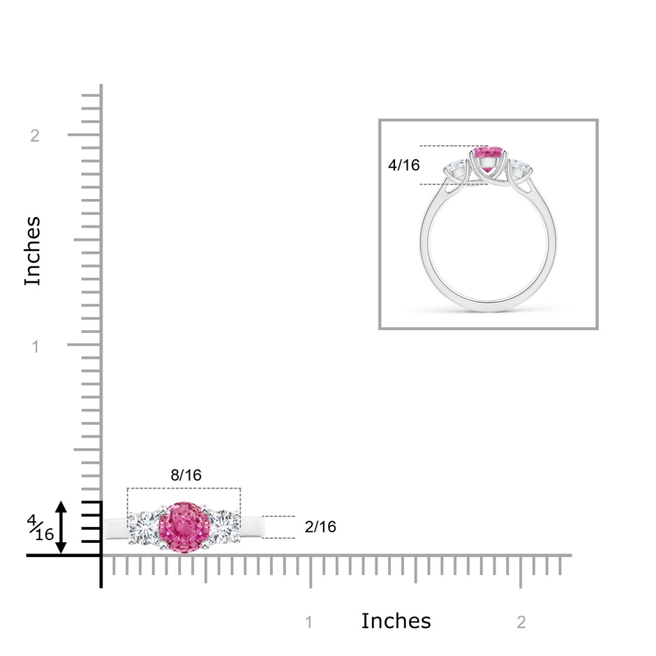 6mm AAA Classic Round Pink Sapphire and Diamond Three Stone Ring in White Gold ruler