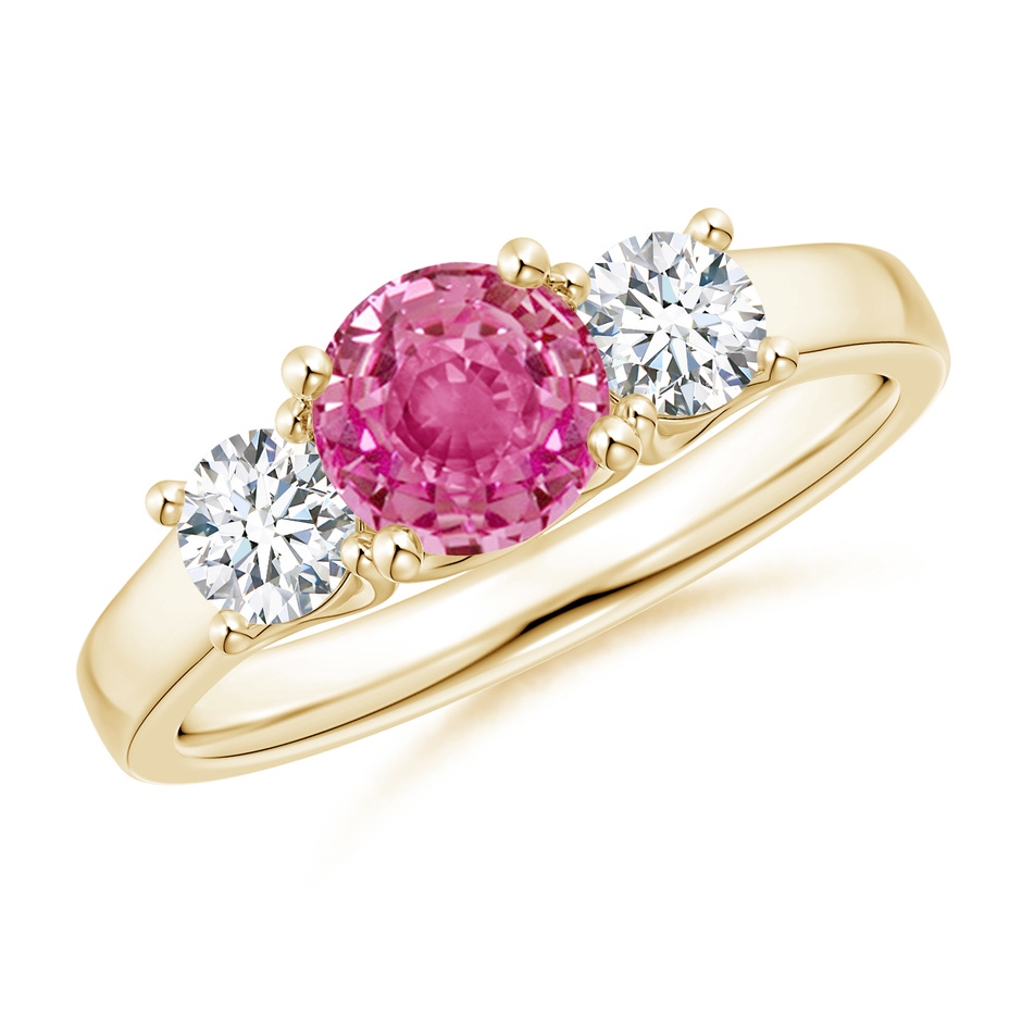 6mm AAA Classic Round Pink Sapphire and Diamond Three Stone Ring in Yellow Gold 
