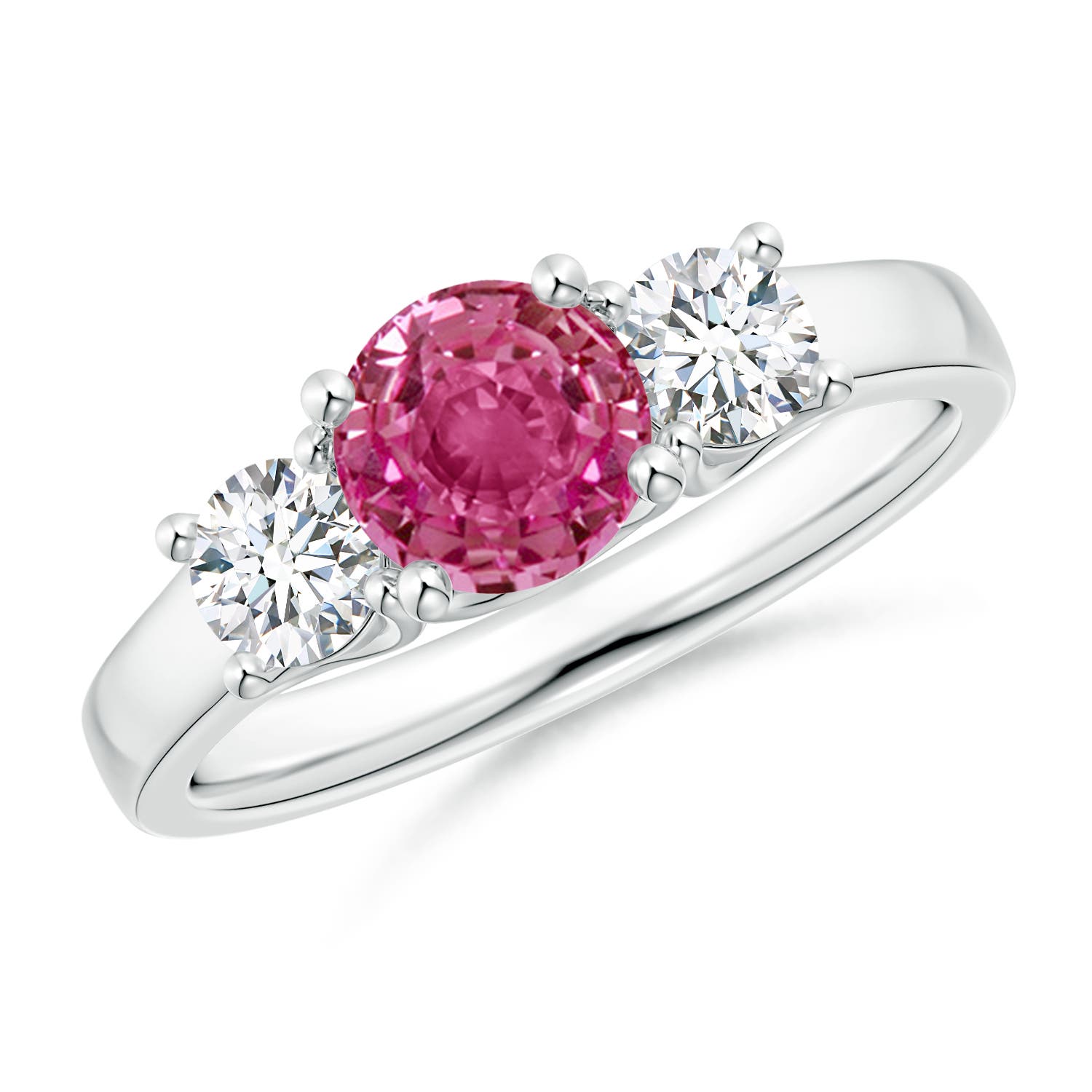 6mm AAAA Classic Round Pink Sapphire and Diamond Three Stone Ring in P950 Platinum