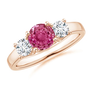 6mm AAAA Classic Round Pink Sapphire and Diamond Three Stone Ring in Rose Gold