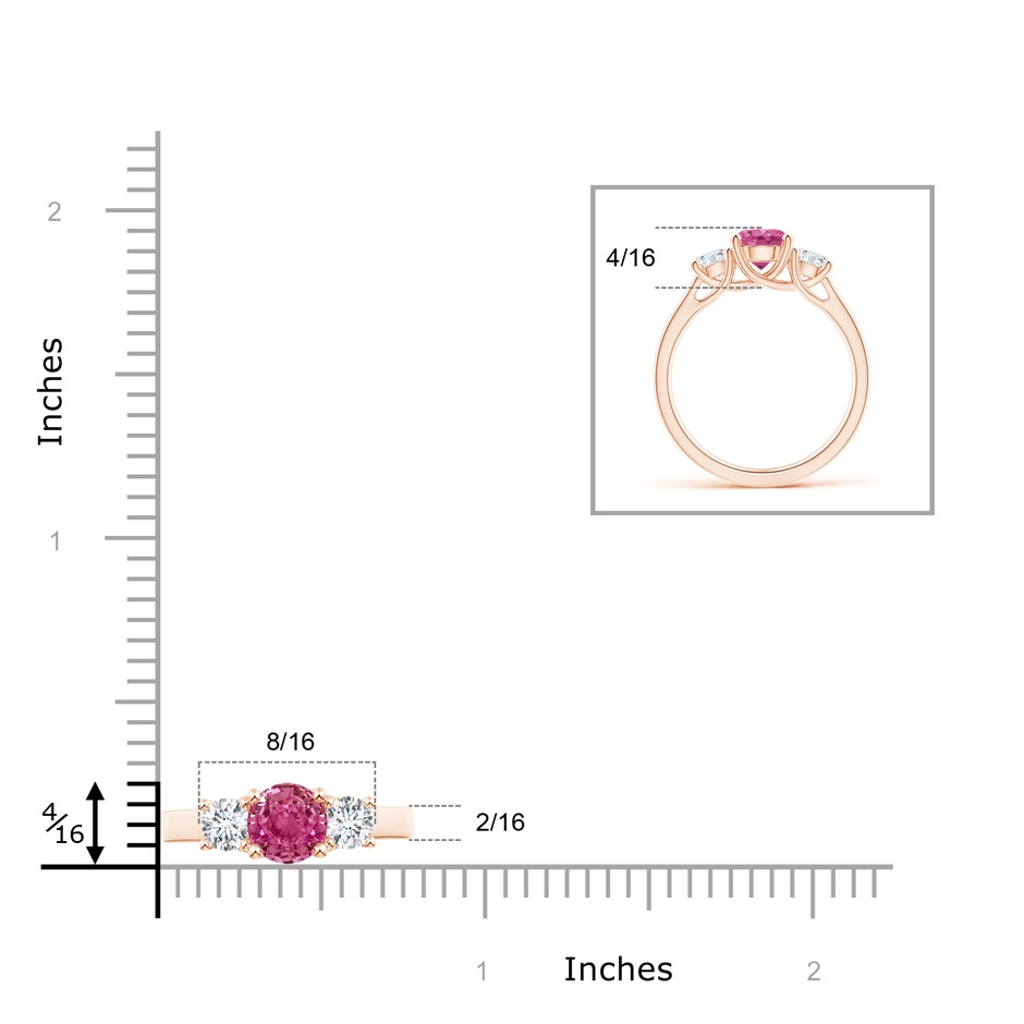 6mm AAAA Classic Round Pink Sapphire and Diamond Three Stone Ring in Rose Gold ruler