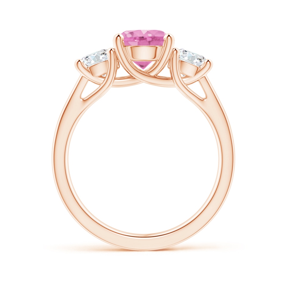 7mm A Classic Round Pink Sapphire and Diamond Three Stone Ring in Rose Gold side 1
