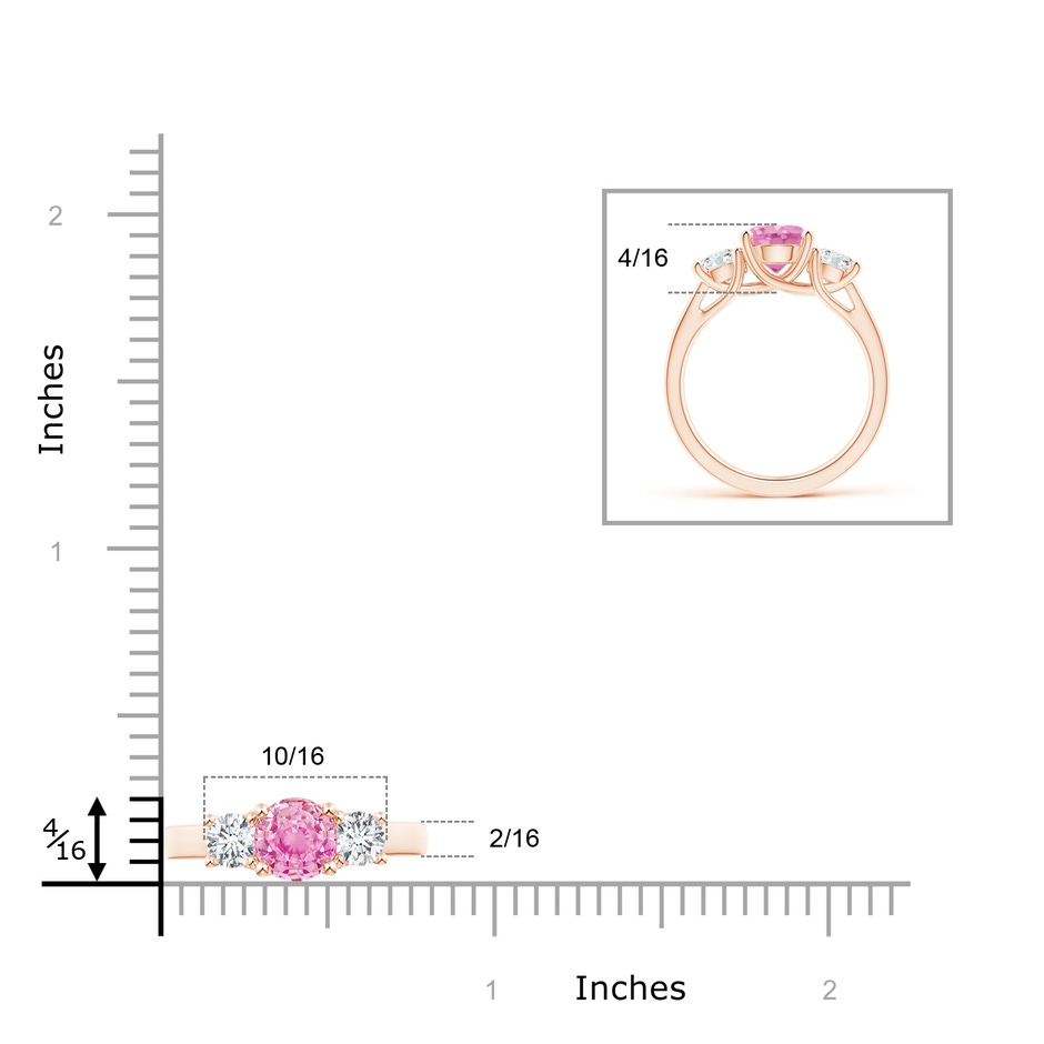 7mm A Classic Round Pink Sapphire and Diamond Three Stone Ring in Rose Gold ruler